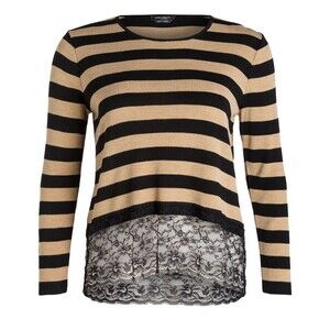 New NWT Womens Max Mara Marina Rinaldi Sweater L Black Tan Lace Italy Wool Strip